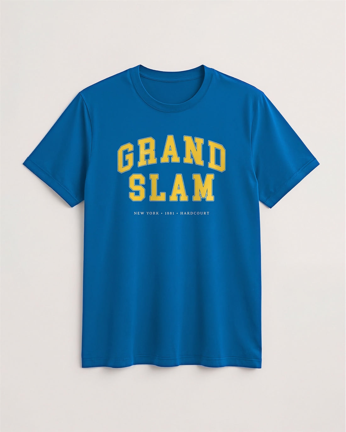 Blue t-shirt with 'Grand Slam' text on a light background