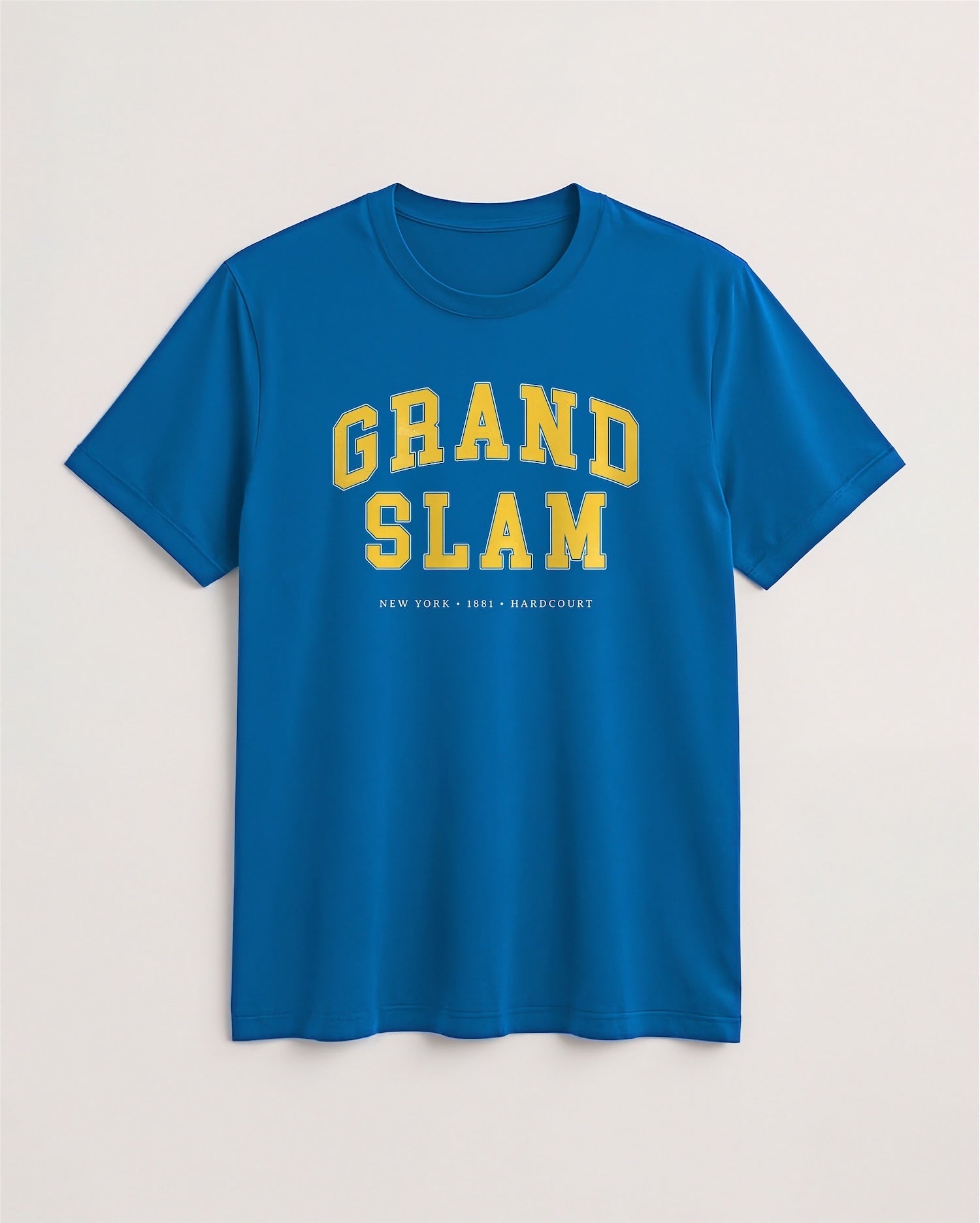 Blue t-shirt with 'Grand Slam' text on a light background