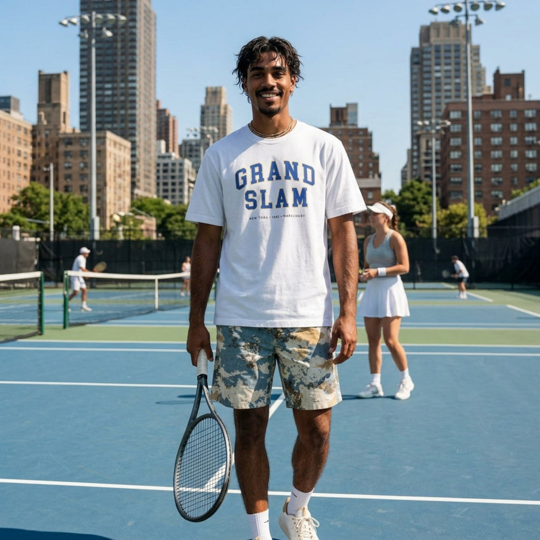 Man on a tennis court wearing a 'Grand Slam' t-shirt with cityscape in the background