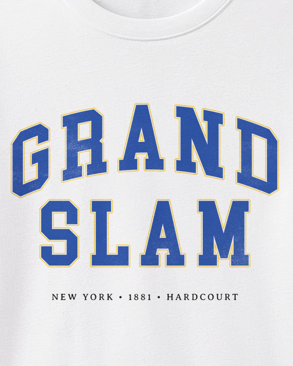 White t-shirt graphic with 'GRAND SLAM' text in blue