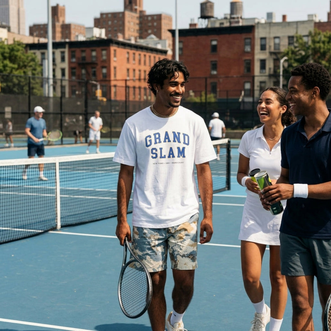 People on a tennis court with one person holding a 'Grand Slam' shirt