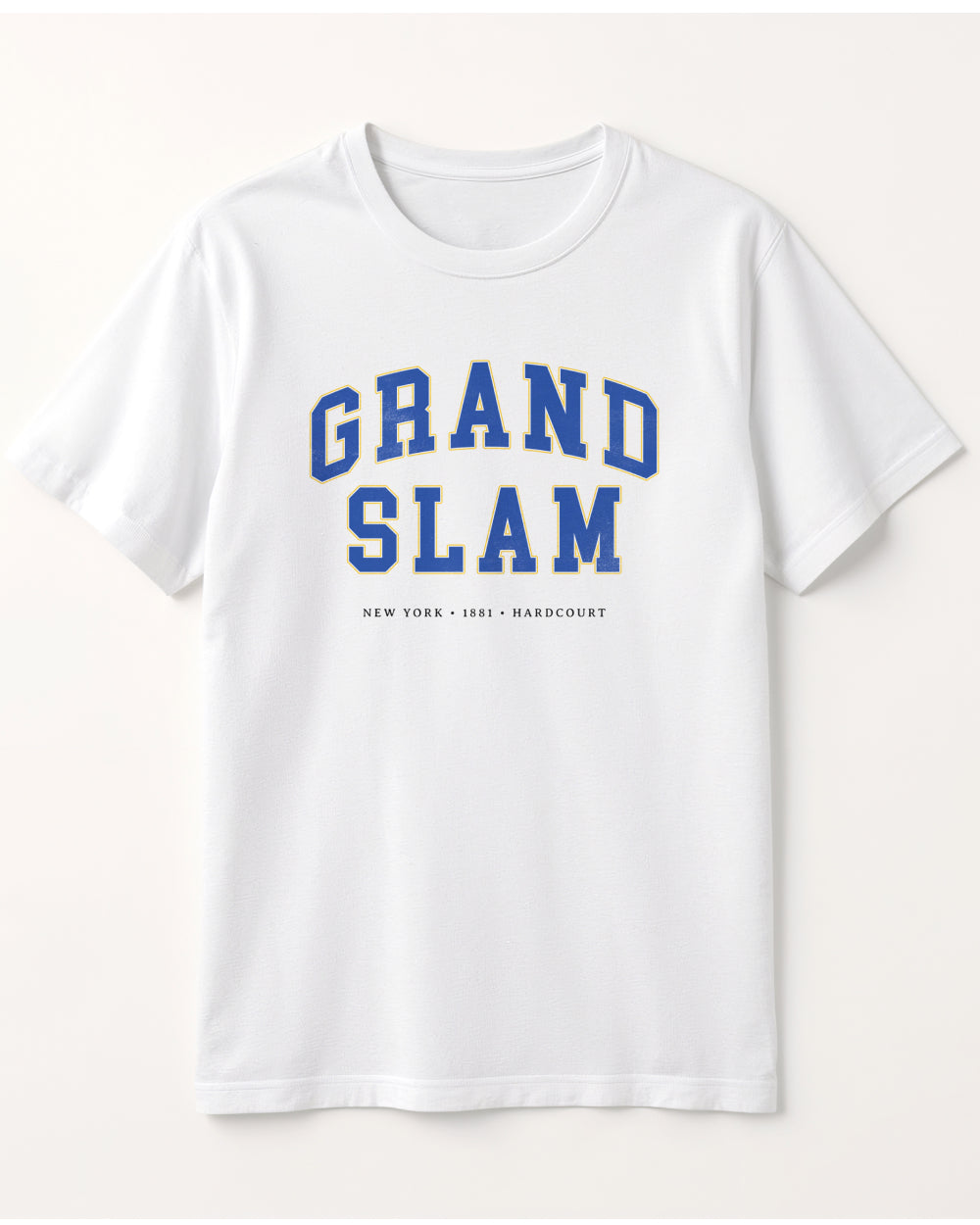 White t-shirt with 'GRAND SLAM' text in blue