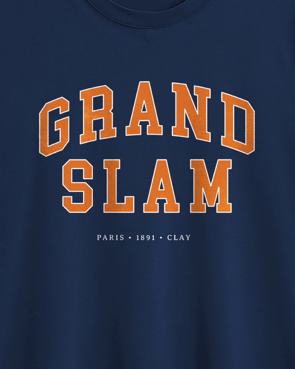 Navy blue t-shirt with 'GRAND SLAM' in orange text