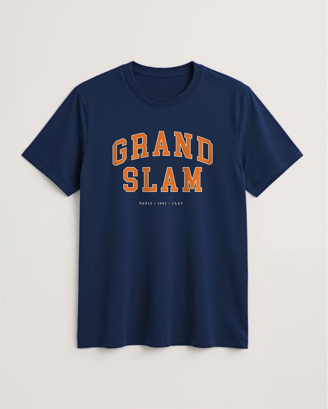 Navy blue t-shirt with 'Grand Slam' text in orange on a light background