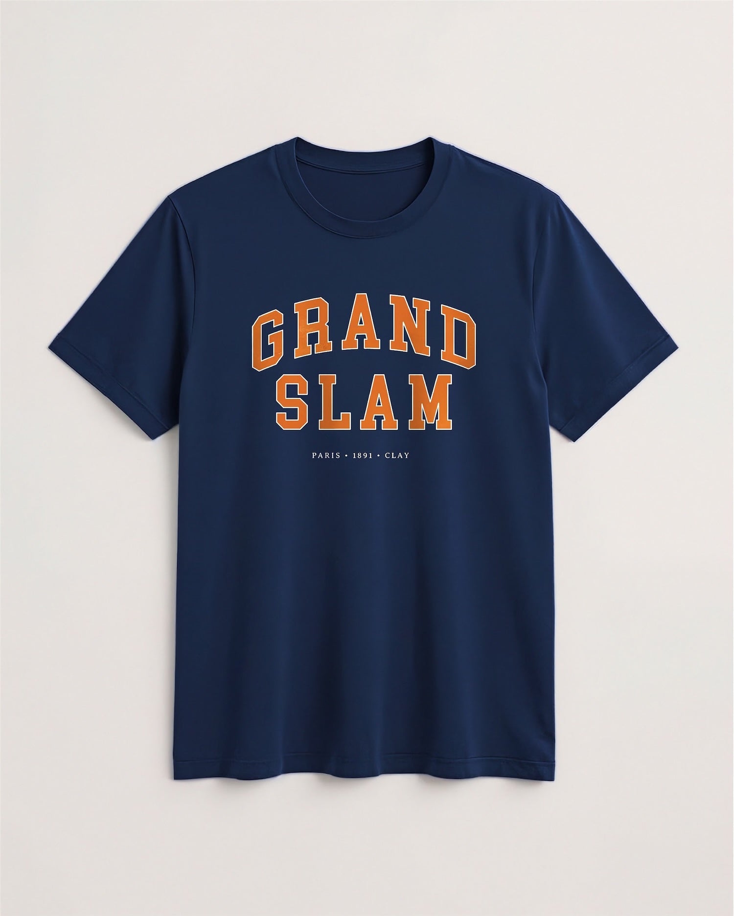 Navy blue t-shirt with 'Grand Slam' text in orange on a light background
