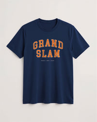 Navy blue t-shirt with 'Grand Slam' text in orange on a light background