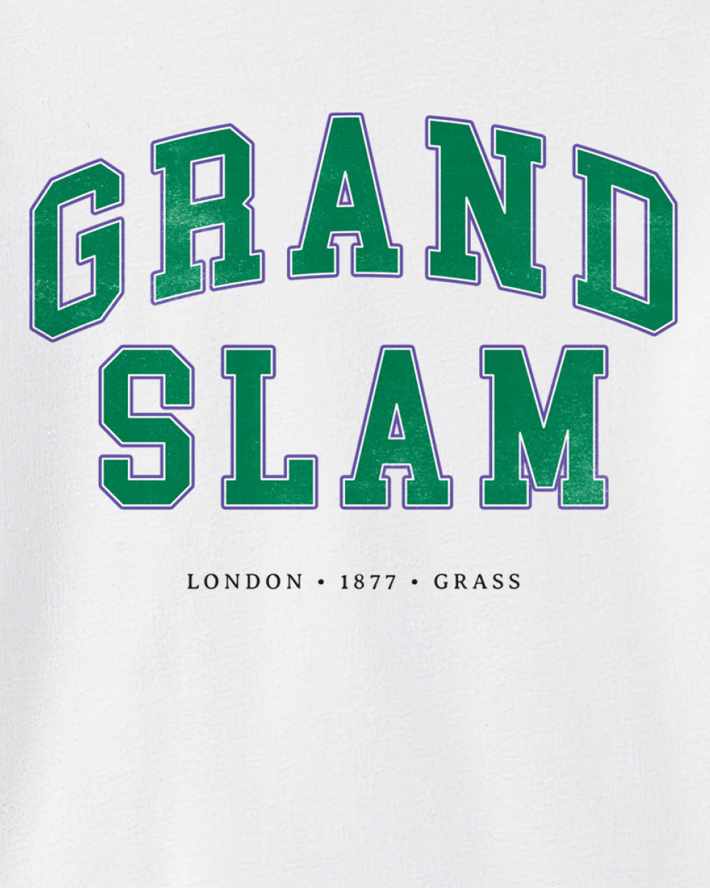 White t-shirt with green 'GRAND SLAM' text on a white background