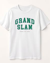 White t-shirt with 'GRAND SLAM' text in green on a white background