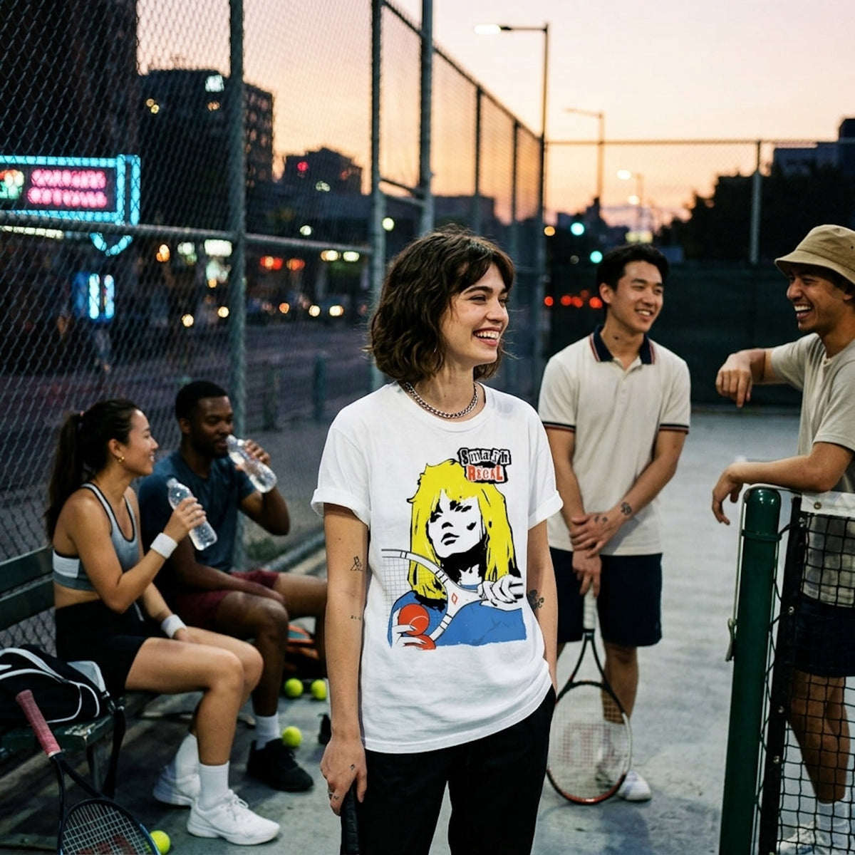 A woman stands on an outdoor tennis court at sunset wearing a white graphic T-shirt with a colorful print and black pants. Other people are visible around her, some holding tennis rackets, with court fencing and city lights in the background.