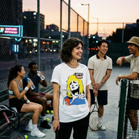 A woman stands on an outdoor tennis court at sunset wearing a white graphic T-shirt with a colorful print and black pants. Other people are visible around her, some holding tennis rackets, with court fencing and city lights in the background.