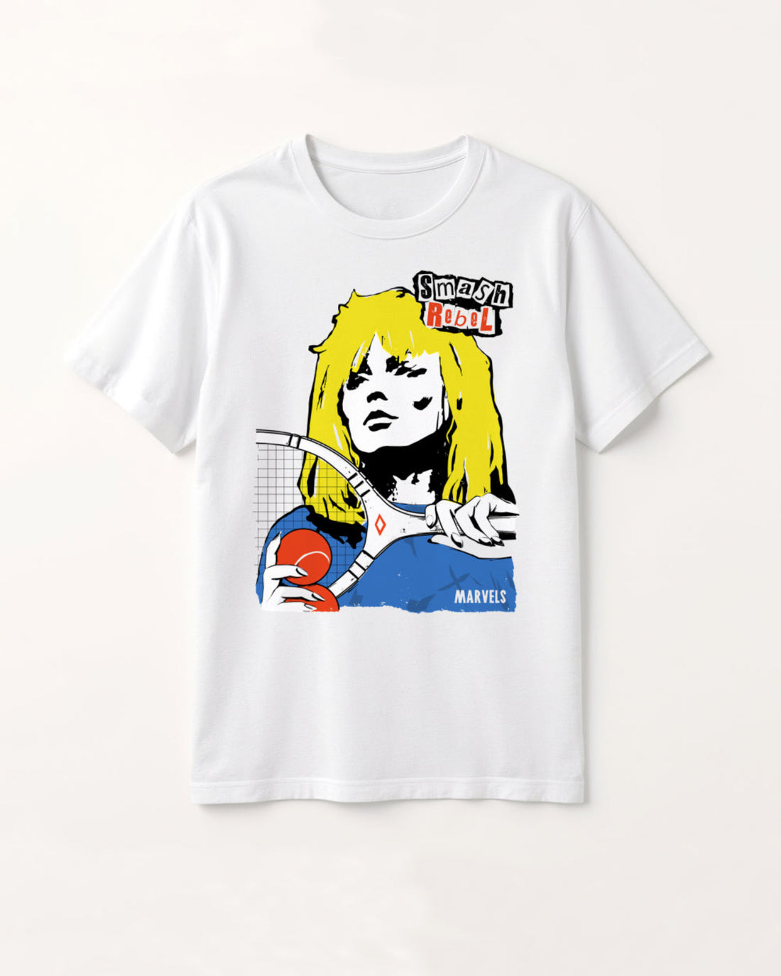 T-shirt with Smash Rebel tennis graphic on a white background
