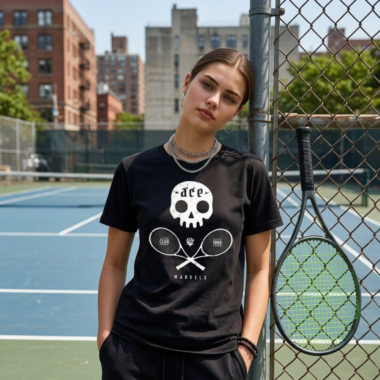 Person wearing a black t-shirt with a skull and tennis rackets design on a tennis court.