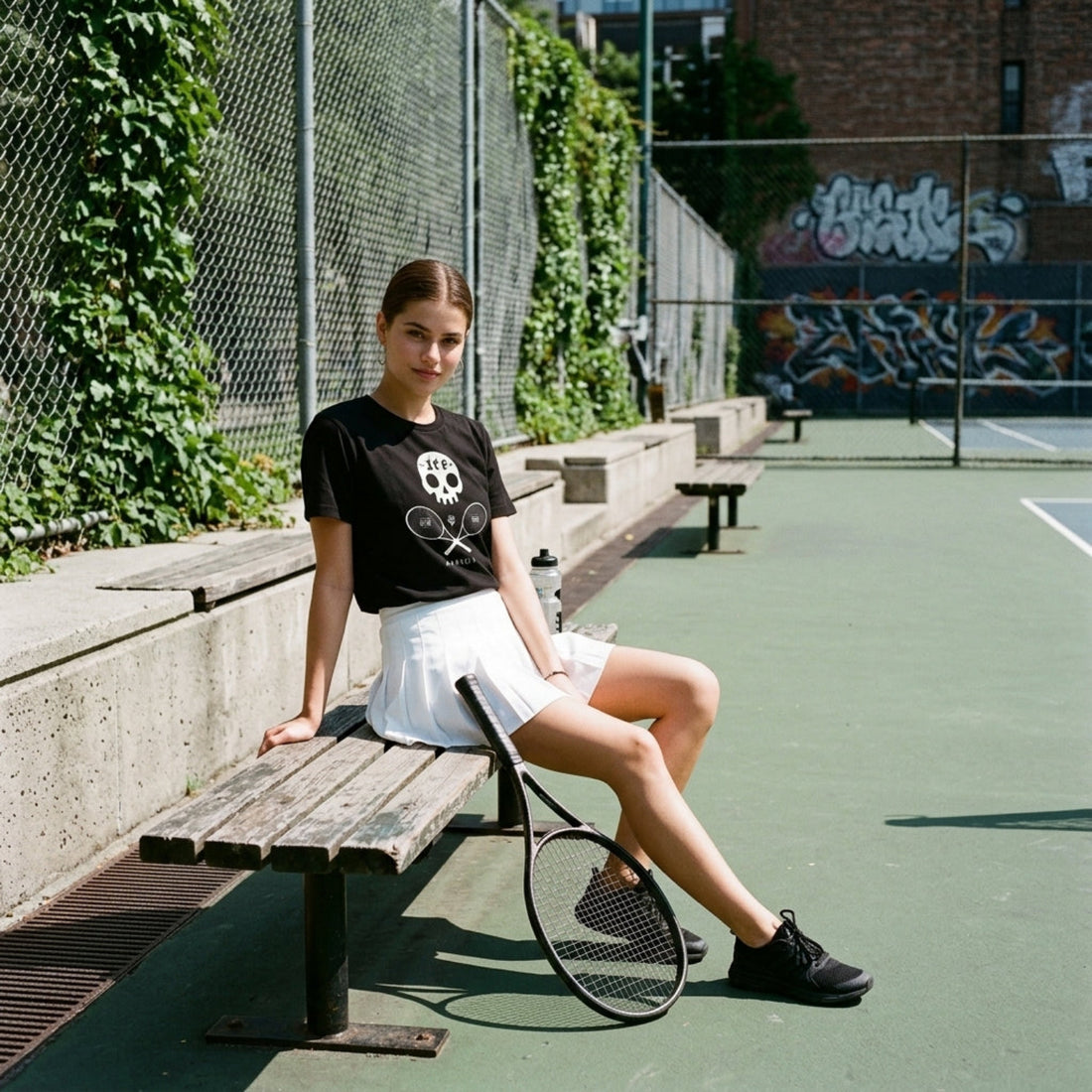Woman sitting on a bench with a tennis racket on a court, wearing a black t-shirt and white skirt.