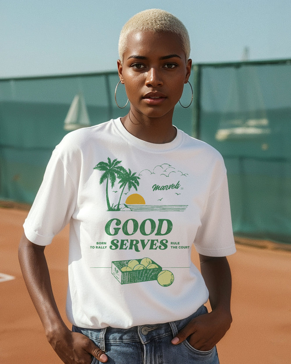 Person wearing a white t-shirt with a 