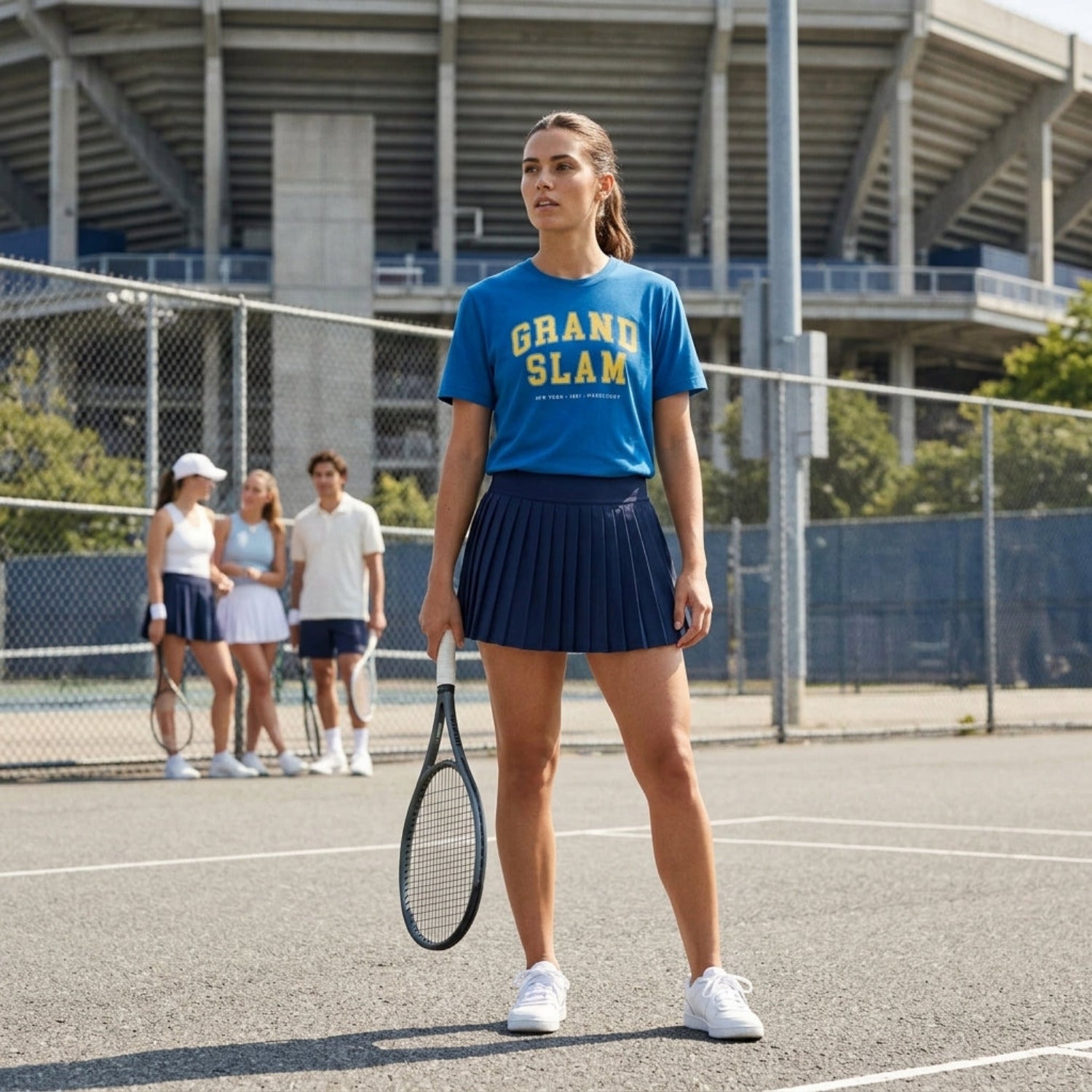 Woman in blue 'Grand Slam' t-shirt and navy skirt holding a tennis racket on a tennis court.