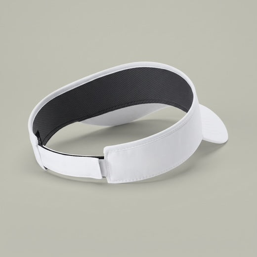 A white visor hat with a black mesh inner lining, shown on a solid light gray background.